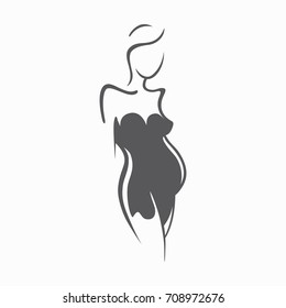 Drawing linear beautiful pregnant girl in dark clothes. Birth of a child. Vector graphic illustration, draw black and white silhouette for design.