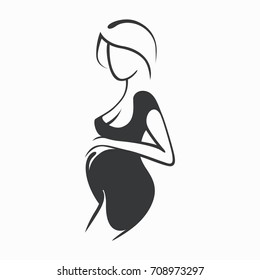 Drawing linear beautiful pregnant girl in dark clothes. Birth of a child. Vector graphic illustration, draw black and white silhouette for design.