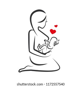 drawing linear beautiful woman with baby in her arm vector illustration