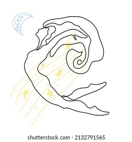 Drawing linear hand drawn female figure, ballerina, sketch, one line, vector.