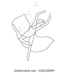 Zeichnen Sie lineare, handgezeichnete weibliche Tanzfigur, Ballerina, Skizze, eine Linie, Vektorgrafik.