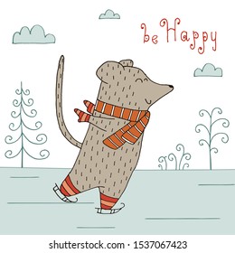 Drawing with line-art - funny rat in the winter. Merry Christmas, Happy New Year. Eps10 vector.