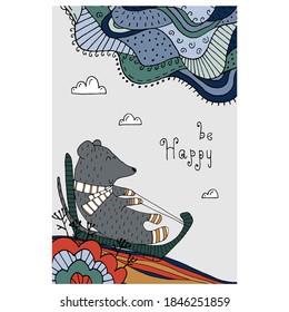 Drawing with line-art - funny rat in the winter and hand drawn elements. Eps10 vector illustration.