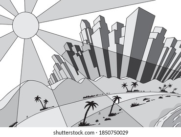 Drawing of lined up buildings on a coastal metropolis with beach and sun, in film noir atmosphere and art Deco style. Vector illustration.
