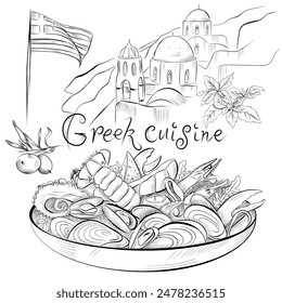 línea de arte de la cocina griega. Mariscos, albahaca, aceitunas, cebollas, Grecia paisaje y bandera