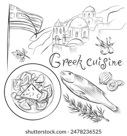 drawing lines. art line food Greek cuisine. greens, fish, onions, olives, salad, Greece landscape and flag