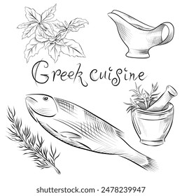 drawing lines. art line food Greek cuisine. Vector minimalistic design greens, fish, sauce, spice mortar