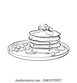 drawing lines. art line plate with pancakes and berries. Vector