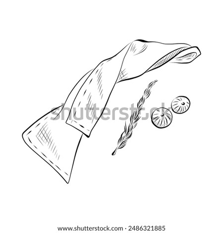 drawing lines. art line towel, garlic, rosemary. Vector minimalistic