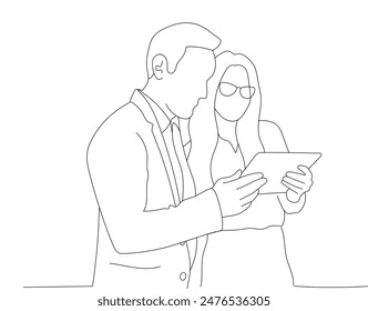 A drawing lines of a business man and woman discusing with holding an ipad on their hands