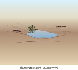 A drawing in lines of a caravan of camels in the desert in the oasis.