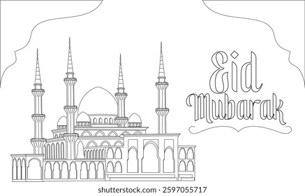 Drawing with lines of famous Islamic building Sultan Ahmad Shah Mosque in Malaysia. Outline style vector illustration of mosque. Eid Mubarak greeting template on white background.