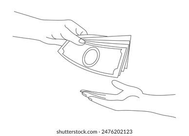 A drawing lines of a hand gives money to another hand. Payment with cash money