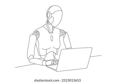 Una ilustración de líneas de dibujo de un robot de IA trabajando frente a una computadora portátil
