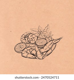 drawing lines. line art food - seafood depicted on craft paper.