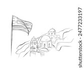 drawing lines. line art landscape of Greece, flag. Vector
