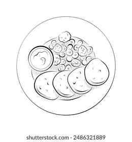 drawing lines. line art plate with cheesecakes pancakes and berries. Vector