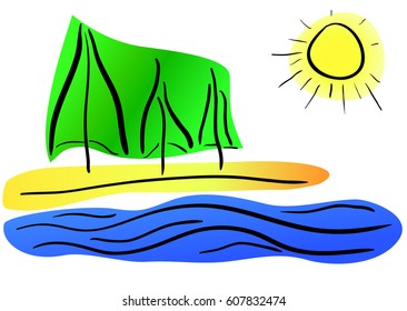 Drawing in lines. Ocean or sea beach with trees Hand drawn.