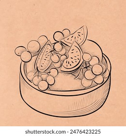 drawing lines on craft paper. art line - fruits and berries in a bowl. Vector