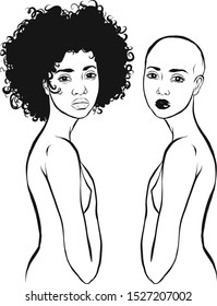 Drawing in lines. A set of two attractive girls: white and black. Women with a naked torso and a breast. Curly brunette with a magnificent hairdress. And a bald woman with black lips. Isolated vector