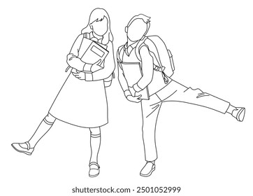 Drawing lines of student girl and boy wearing uniform and holding books, exiting to go to school pose