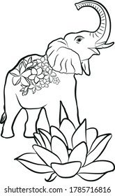 Drawing from lines tattoo Elephant with a raised trunk and a lotus on a transparent background floral pattern line art