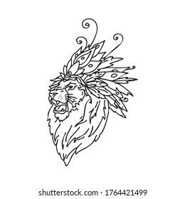 Drawing of lion in feather headdress 