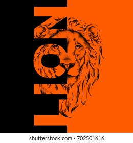 Drawing of a lion's head. Graphic design of the cover. Template for registration. Vector illustration