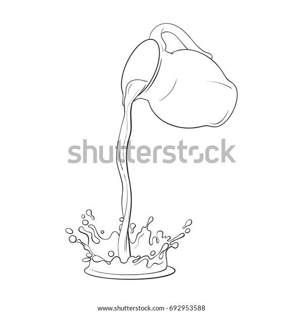 白い背景に液体の絵 びんからの飲み物の注ぎ 水しぶきを作る スケッチベクターイラスト 手描きのガラスびんに液体ミルクがしぶきに流れ込む のベクター画像素材 ロイヤリティフリー