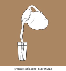 Drawing of liquid milk, drink pouring from jar into tall glass, sketch vector illustration isolated on brown background. Hand drawn glass jar with liquid pouring from it into glass
