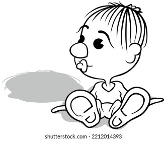 Drawing of a Little Boy with a Pacifier in his Mouth Sitting on the Ground - Cartoon Illustration Isolated on White Background, Vector