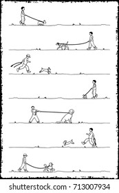 Drawing of a little boy walking seven different dogs, black and white outline illustration