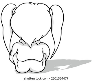 Drawing Of A Little Girl With Braids Sitting On The Ground From Rear View - Cartoon Illustration Isolated On White Background, Vector