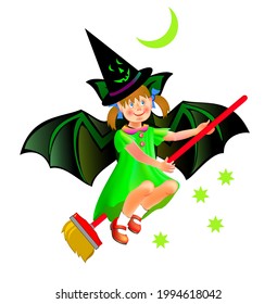 Drawing of little girl dreaming about presents in festive Halloween night. Image of fairy flying on broomstick. Book cover for children fairy tale. Print for kids party. Vector cartoon illustration.