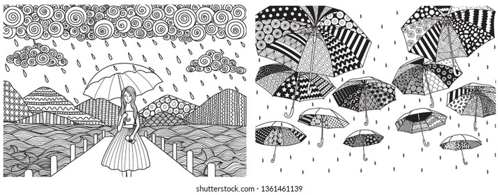 Drawing little girl holding umbrella while it’s raining walkting on the bridge with seascape background and flying umbrellas set for adult coloring book pages. Vector illustration