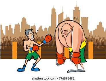 Drawing of Little Man fights and won  Big Man in a boxing ring illustration 