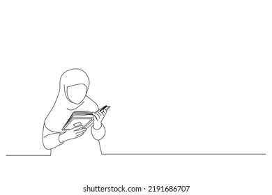 Drawing Of Little Muslim Girl With The Holy Quran. Oneline Art Drawing Style
