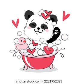 Zeichnung eines kleinen Panda Baden im Bad im kawaii Stil. Valentinstag-Karte. Vektorgrafik-Zeichendesign-Banner, Babygrafik