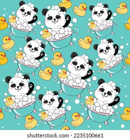 Drawing little panda bathing in the bath and duck in kawaii style seamless pattern  Vector cartoon character design banner baby illustration