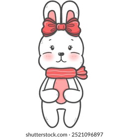 The drawing of a little white rabbit wearing a cute scarf during the Christmas festival was drawn by hand, not AI.