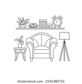 a drawing of a living room with a chair and a lamp.