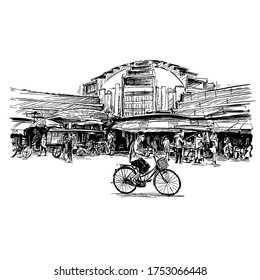 Drawing of the local market in Cambodia Phnom Penh 