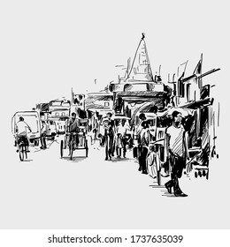 Drawing Of Local Market Street In India 