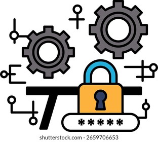 Um desenho de uma fechadura e uma chave com uma série de engrenagens ao redor dela. As engrenagens são de tamanhos diferentes e estão dispostas de forma que parecem estar entrelaçadas. Conceito de segurança e proteção