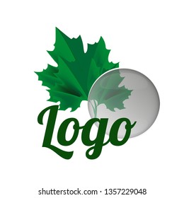 In the drawing a logo in the form of two maple leaves, leaves of green color, with different shades of green with a transparent circle with text. Logo for a new company, institution.