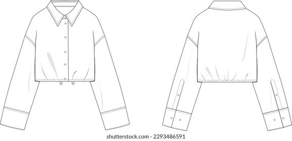 
drawing of long sleeved women's shirt with drawstring waist with stopper, vector fashion drawing, you can make technical file with this drawing