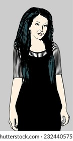 Drawing of a long-haired young lady, a fan of gothic rock music, in a black dress with a striped top