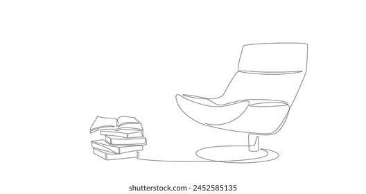Dibujo de sillón lounge y pila de libros en estilo de línea continua. Una línea de salón interior con muebles modernos. Contorno de dibujo a mano. Ilustración vectorial de Doodle