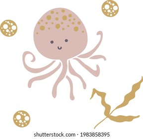 Drawing lovely marine octopus and seaweed. Hand drawn vector illustration. Design for T-shirt, textile and prints.
