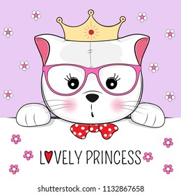 Drawing of a lovely princess cat on a pink background. Kids graphics for t-shirts. Greeting card.